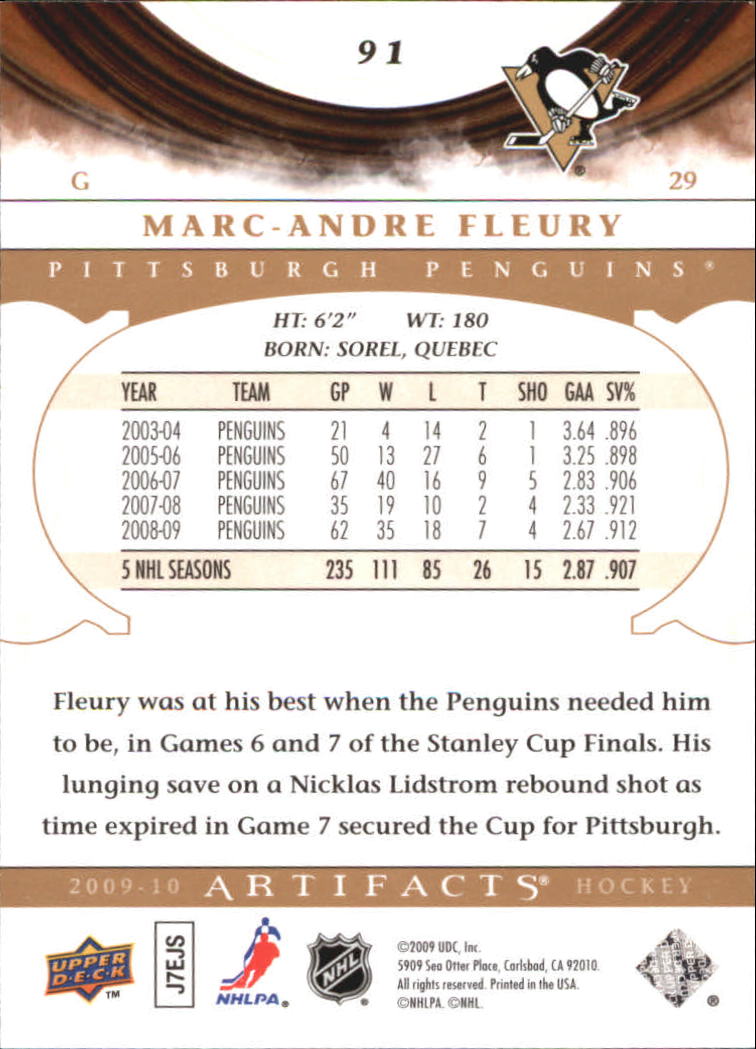 2009-10 Artifacts #91 Marc-Andre Fleury back image