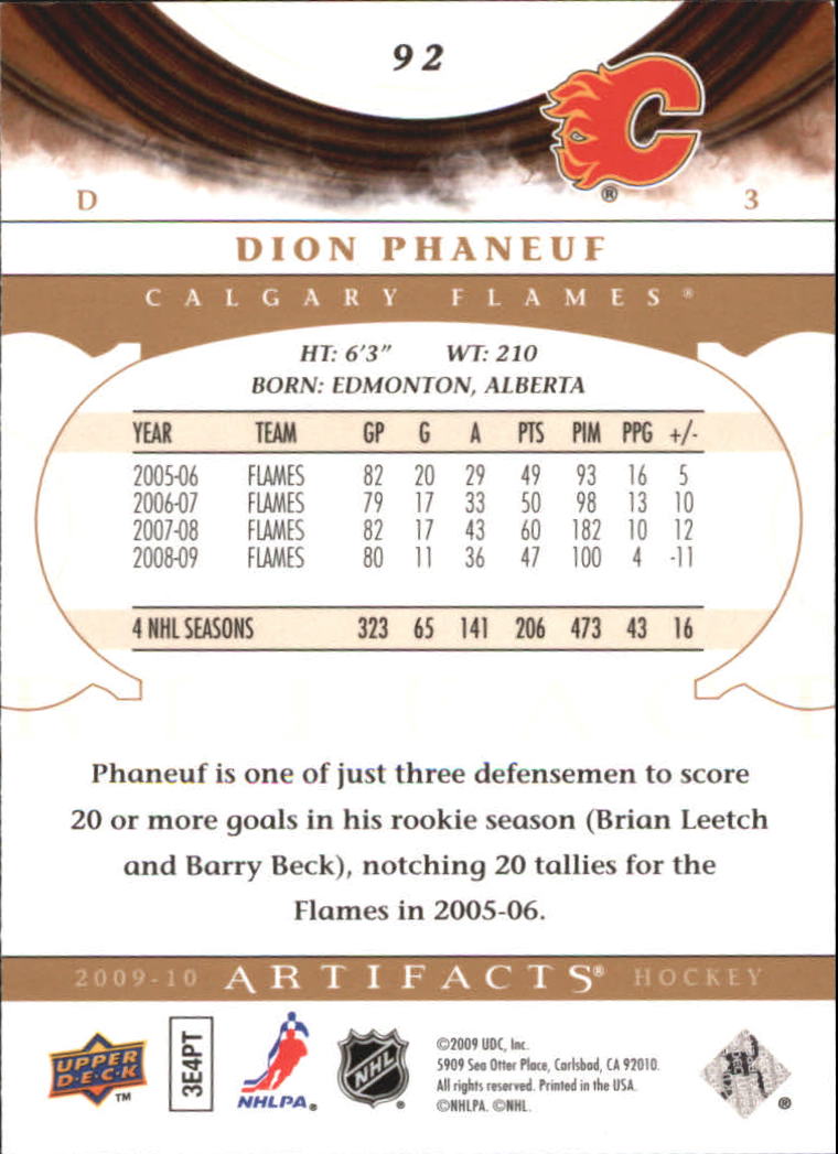 2009-10 Artifacts #92 Dion Phaneuf back image