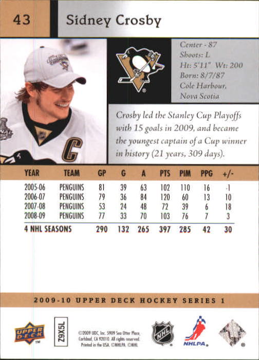 2009-10 Upper Deck #43 Sidney Crosby back image