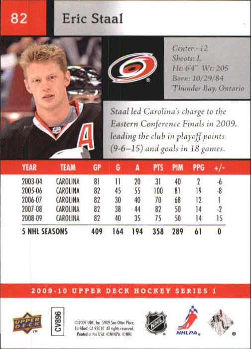 2009-10 Upper Deck #82 Eric Staal back image