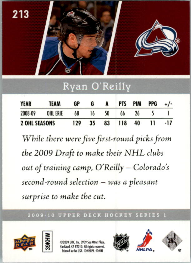 2009-10 Upper Deck #213 Ryan O'Reilly YG RC back image