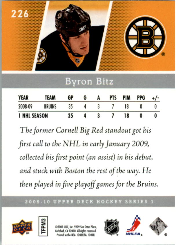 2009-10 Upper Deck #226 Byron Bitz YG RC back image