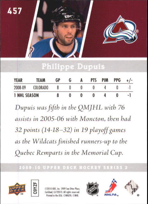 2009-10 Upper Deck #457 Philippe Dupuis YG RC back image