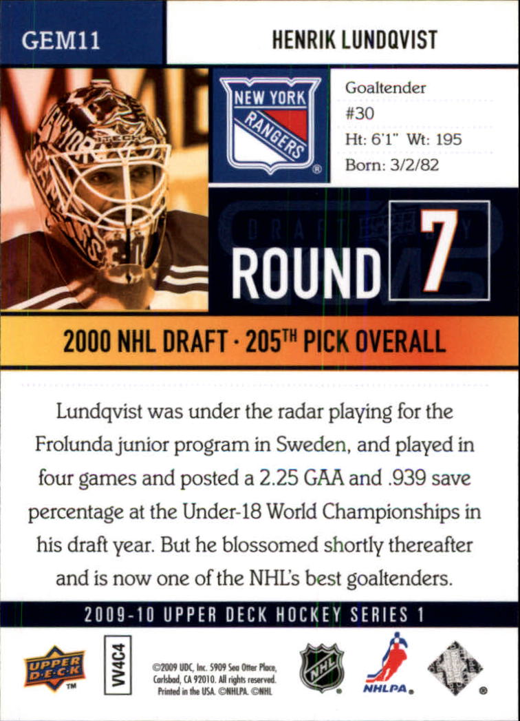 2009-10 Upper Deck Draft Day Gems #GEM11 Henrik Lundqvist back image