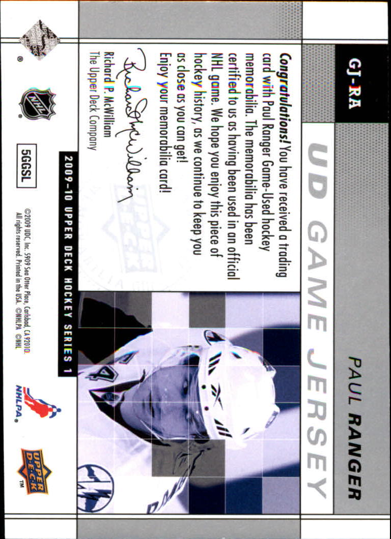 2009-10 Upper Deck Game Jerseys #GJRA Paul Ranger back image