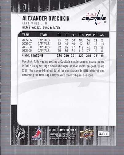 2009-10 Upper Deck MVP #1 Alexander Ovechkin back image