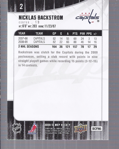 2009-10 Upper Deck MVP #2 Nicklas Backstrom back image