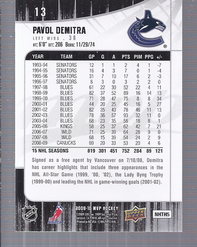 2009-10 Upper Deck MVP #13 Pavol Demitra back image