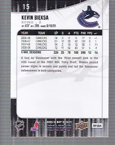 2009-10 Upper Deck MVP #15 Kevin Bieksa back image