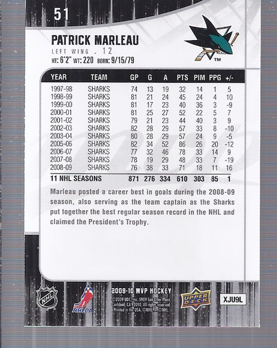 2009-10 Upper Deck MVP #51 Patrick Marleau back image