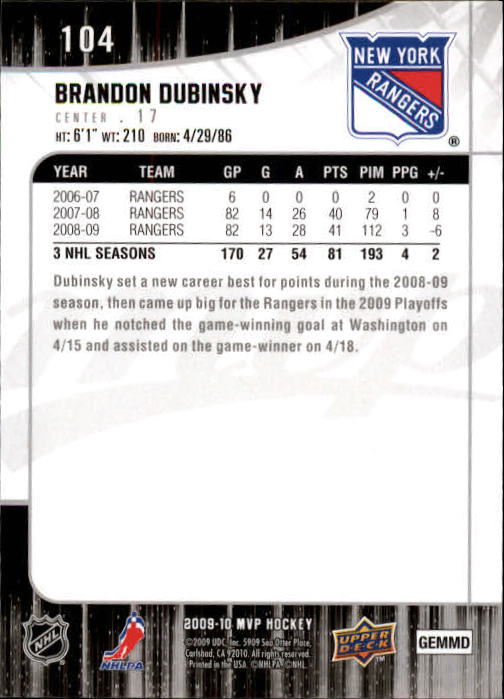 2009-10 Upper Deck MVP #104 Brandon Dubinsky back image