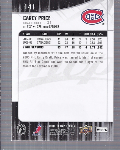 2009-10 Upper Deck MVP #141 Carey Price back image