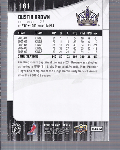 2009-10 Upper Deck MVP #161 Dustin Brown back image