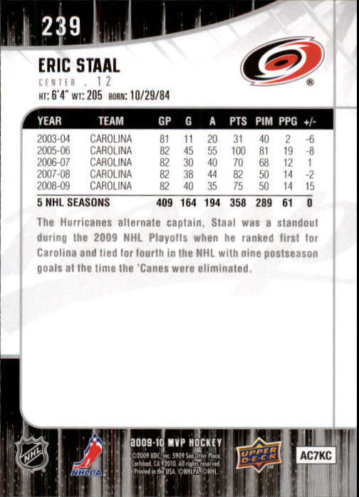 2009-10 Upper Deck MVP #239 Eric Staal back image