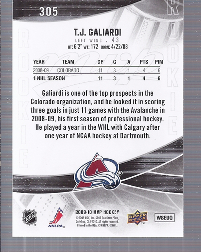 2009-10 Upper Deck MVP #305 T.J. Galiardi RC back image