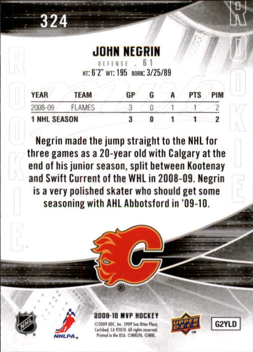 2009-10 Upper Deck MVP #324 John Negrin RC back image