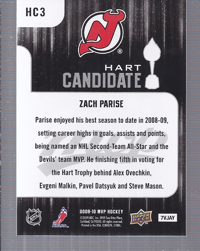 2009-10 Upper Deck MVP Hart Candidates #HC3 Zach Parise back image