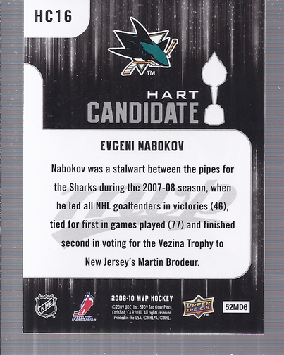 2009-10 Upper Deck MVP Hart Candidates #HC16 Evgeni Nabokov back image