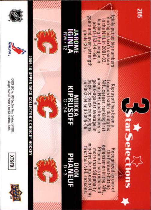 2009-10 Collector's Choice #205 Jarome Iginla/Miikka Kiprusoff/Dion Phaneuf back image