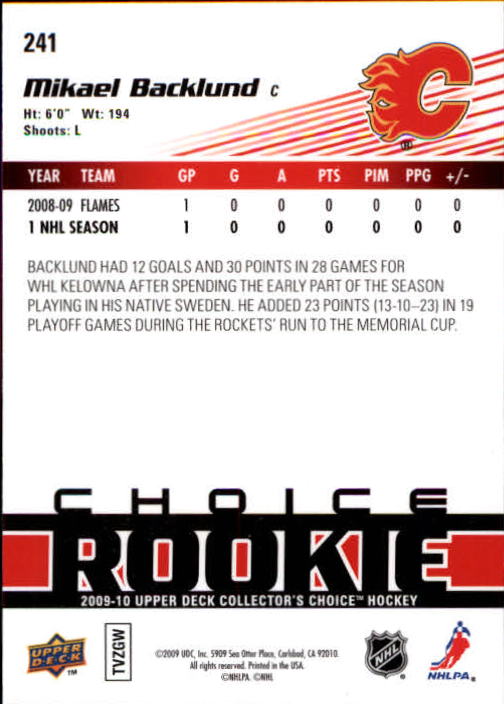 2009-10 Collector's Choice #241 Mikael Backlund RC back image