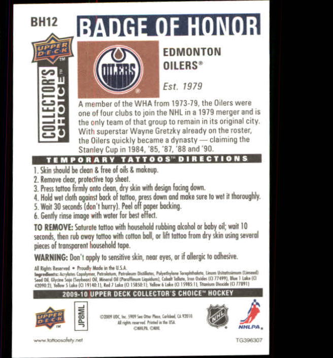2009-10 Collector's Choice Badge of Honor Tattoos #BH12 Edmonton Oilers back image