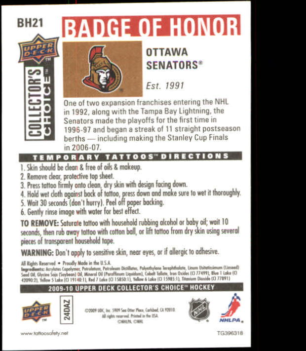 2009-10 Collector's Choice Badge of Honor Tattoos #BH21 Ottawa Senators back image