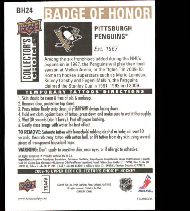 2009-10 Collector's Choice Badge of Honor Tattoos #BH24 Pittsburgh Penguins back image