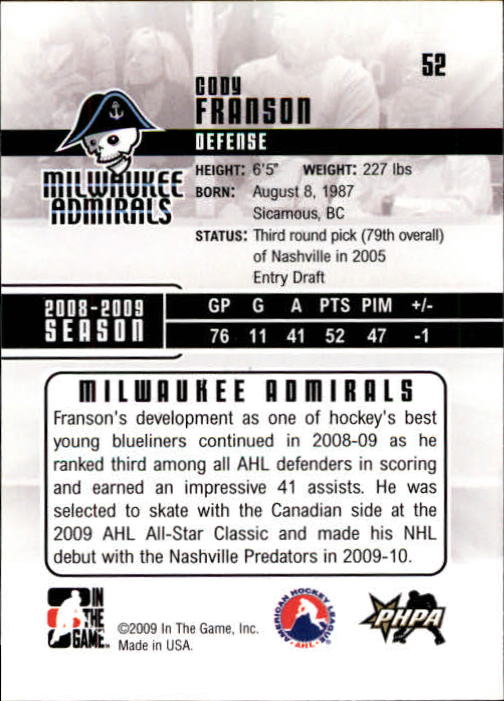 2009-10 ITG Heroes and Prospects #52 Cody Franson back image