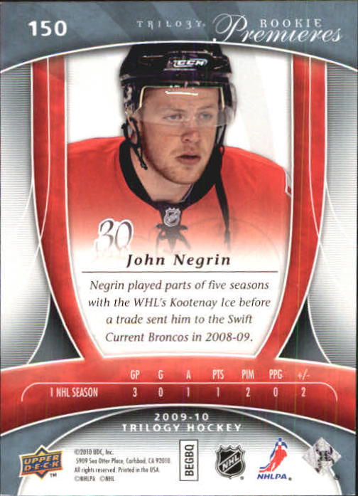 2009-10 Upper Deck Trilogy #150 John Negrin RC back image