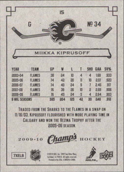 2009-10 Upper Deck Champ's #15 Miikka Kiprusoff back image