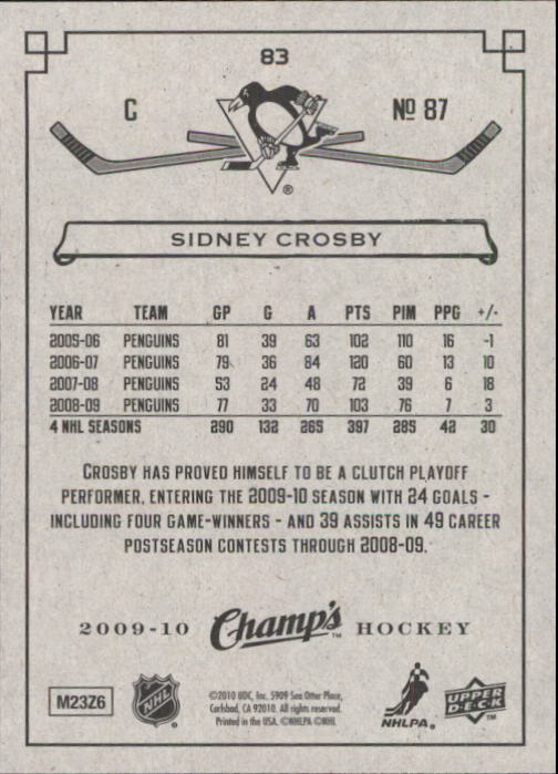 2009-10 Upper Deck Champ's #83 Sidney Crosby back image
