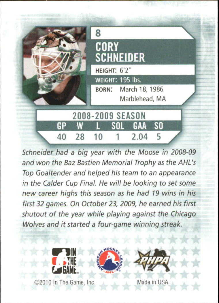 2009-10 Between The Pipes #8 Cory Schneider back image