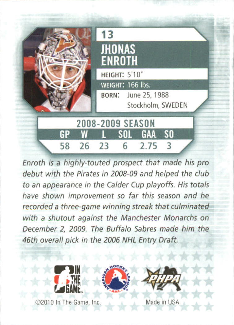 2009-10 Between The Pipes #13 Jhonas Enroth back image