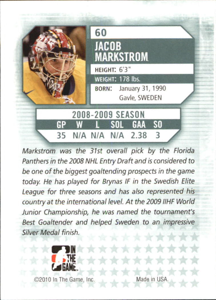 2009-10 Between The Pipes #60 Jacob Markstrom back image