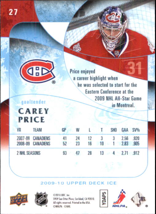2009-10 Upper Deck Ice #27 Carey Price back image
