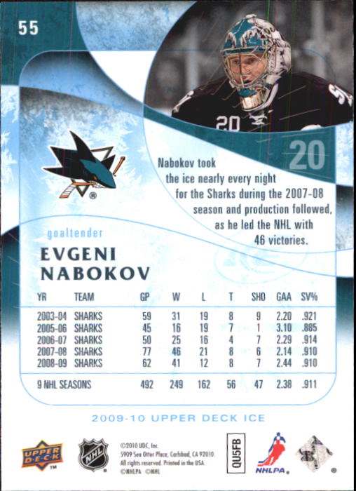2009-10 Upper Deck Ice #55 Evgeni Nabokov back image