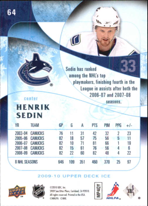 2009-10 Upper Deck Ice #64 Henrik Sedin back image