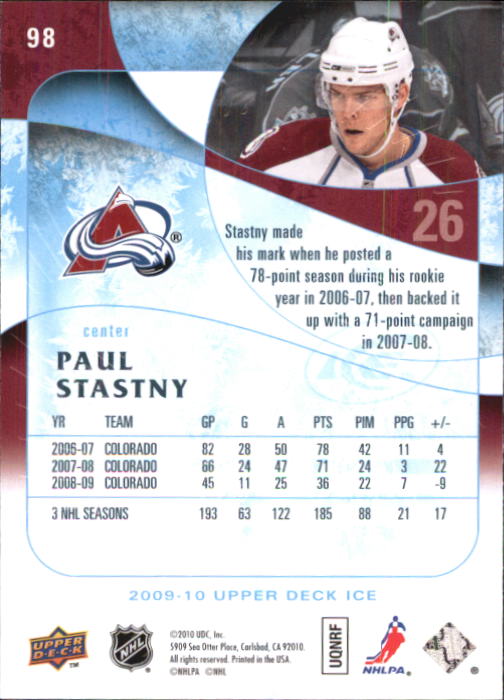 2009-10 Upper Deck Ice #98 Paul Stastny back image
