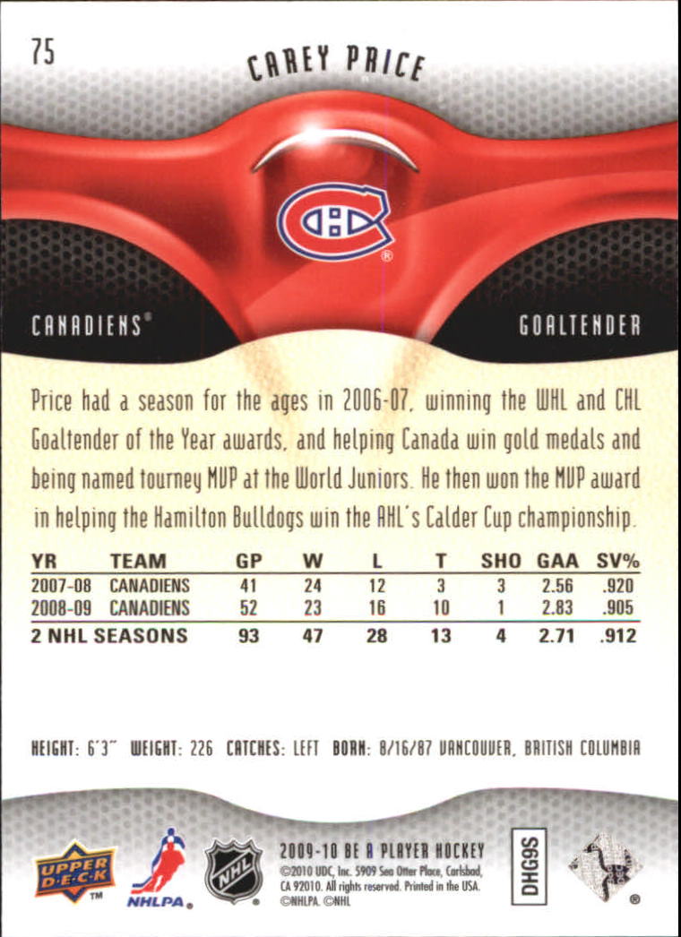 2009-10 Be A Player #75 Carey Price back image