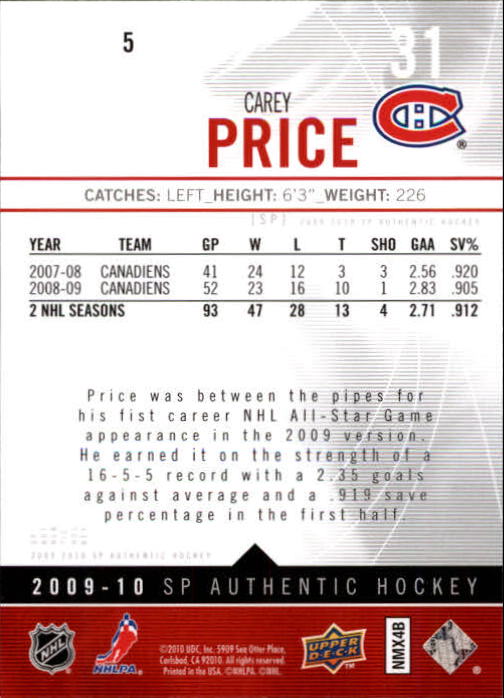 2009-10 SP Authentic #5 Carey Price back image