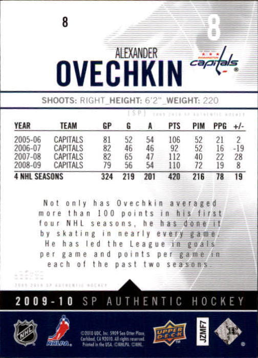 2009-10 SP Authentic #8 Alexander Ovechkin back image