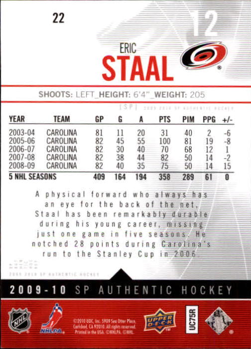 2009-10 SP Authentic #22 Eric Staal back image