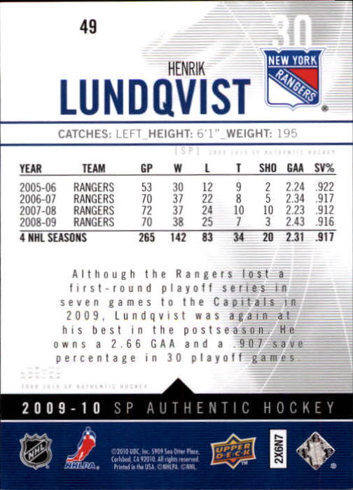 2009-10 SP Authentic #49 Henrik Lundqvist back image