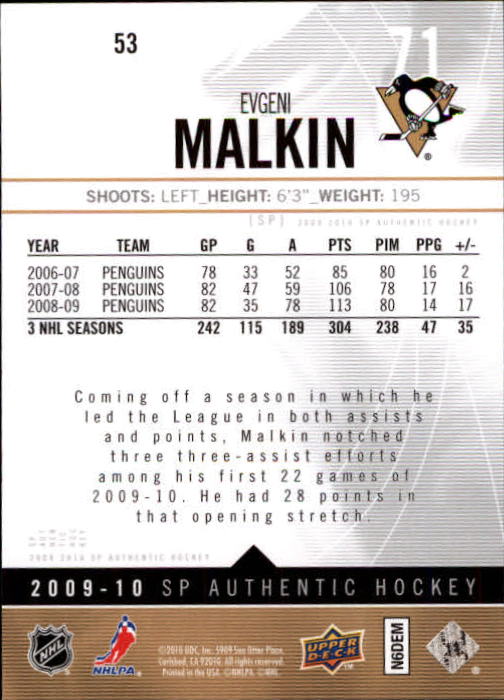 2009-10 SP Authentic #53 Evgeni Malkin back image