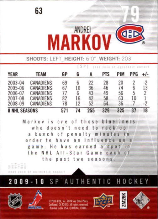 2009-10 SP Authentic #63 Andrei Markov back image