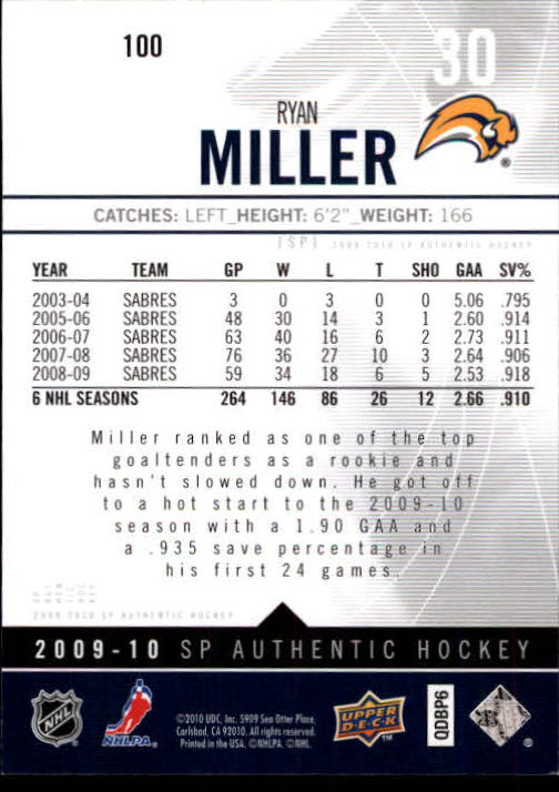 2009-10 SP Authentic #100 Ryan Miller back image