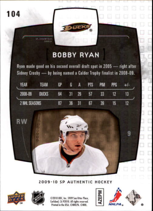 2009-10 SP Authentic #104 Bobby Ryan ESS back image