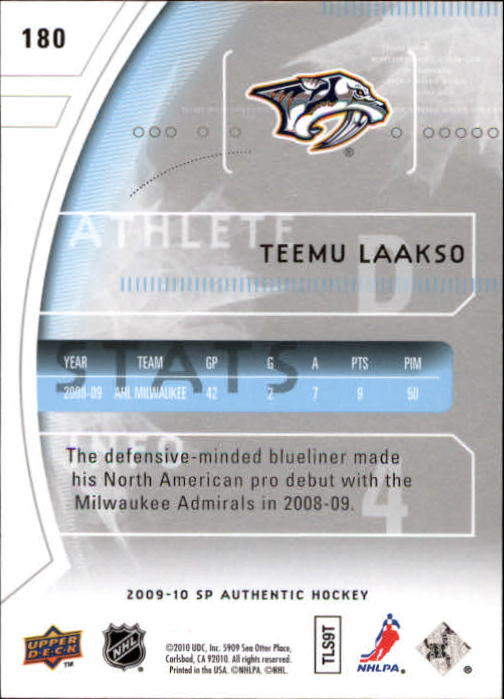 2009-10 SP Authentic #180 Teemu Laakso RC back image