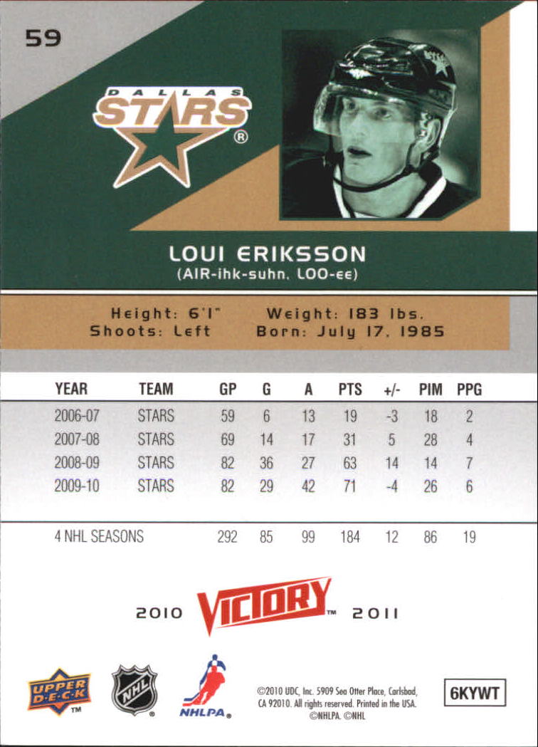 2010-11 Upper Deck Victory #59 Loui Eriksson back image