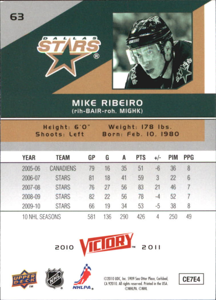 2010-11 Upper Deck Victory #63 Mike Ribeiro back image